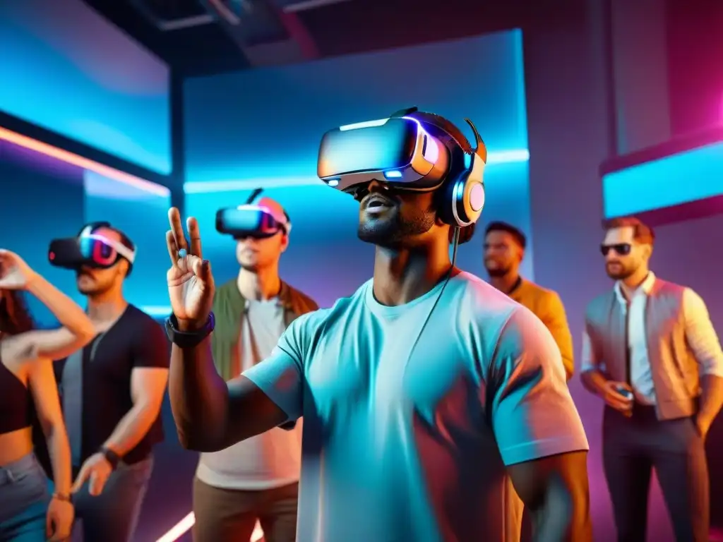 Grupo disfruta mejores juegos realidad virtual 2022 en futurista ciudad holográfica