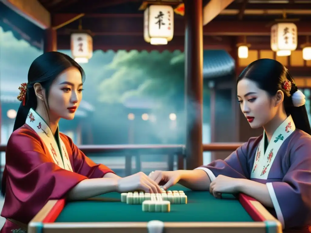 Grupo jugando Mahjong en mercado asiático, reflejando historia de juegos de cartas populares en Asia