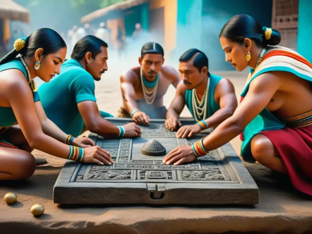 Grupo de mesoamericanos concentrados en juego de Patolli en animado mercado, reflejando juegos antiguos y psicología colectiva