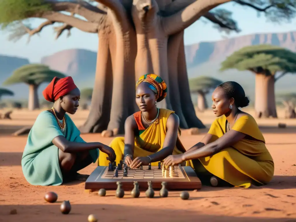 Un grupo de mujeres africanas juega Damas Africanas bajo un baobab, resaltando la historia y evolución del juego