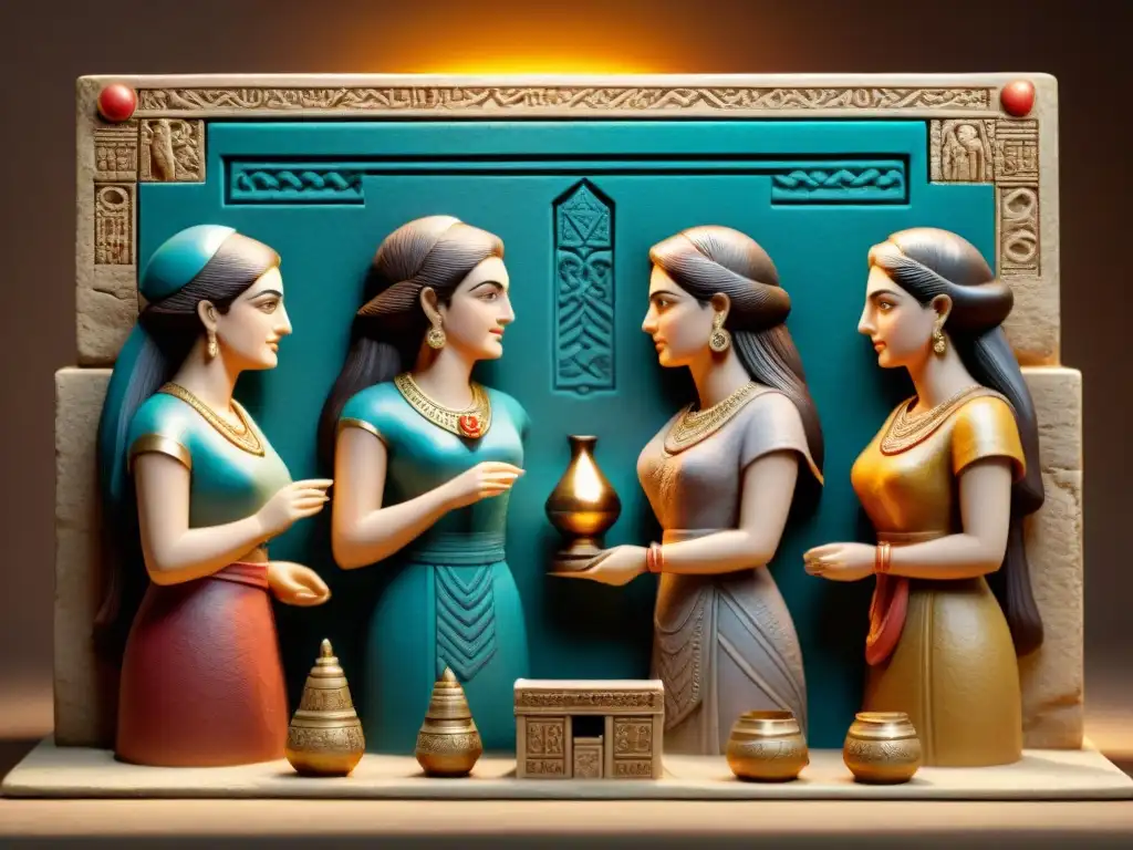 Juego estratégico en Mesopotamia: Mujeres en acción Un grupo de mujeres mesopotámicas participando en el juego de la Realeza de Ur en un palacio decorado con antorchas
