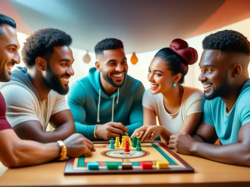 Un grupo multicultural disfruta de un juego de mesa juntos en un ambiente acogedor