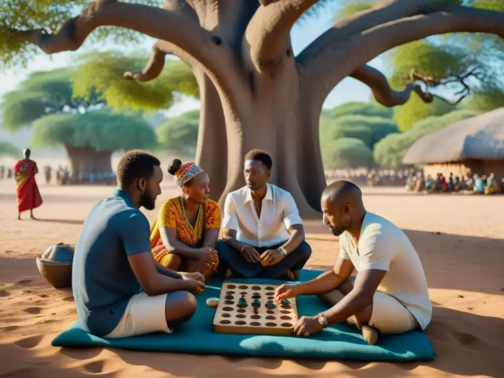 Grupo multicultural juega Mancala bajo un Baobab