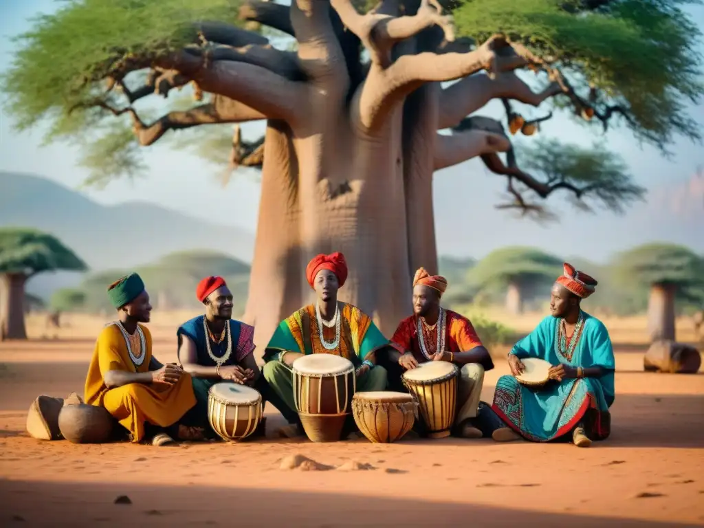 Grupo de músicos africanos tocando instrumentos tradicionales bajo un baobab, creando una escena cultural rica y animada