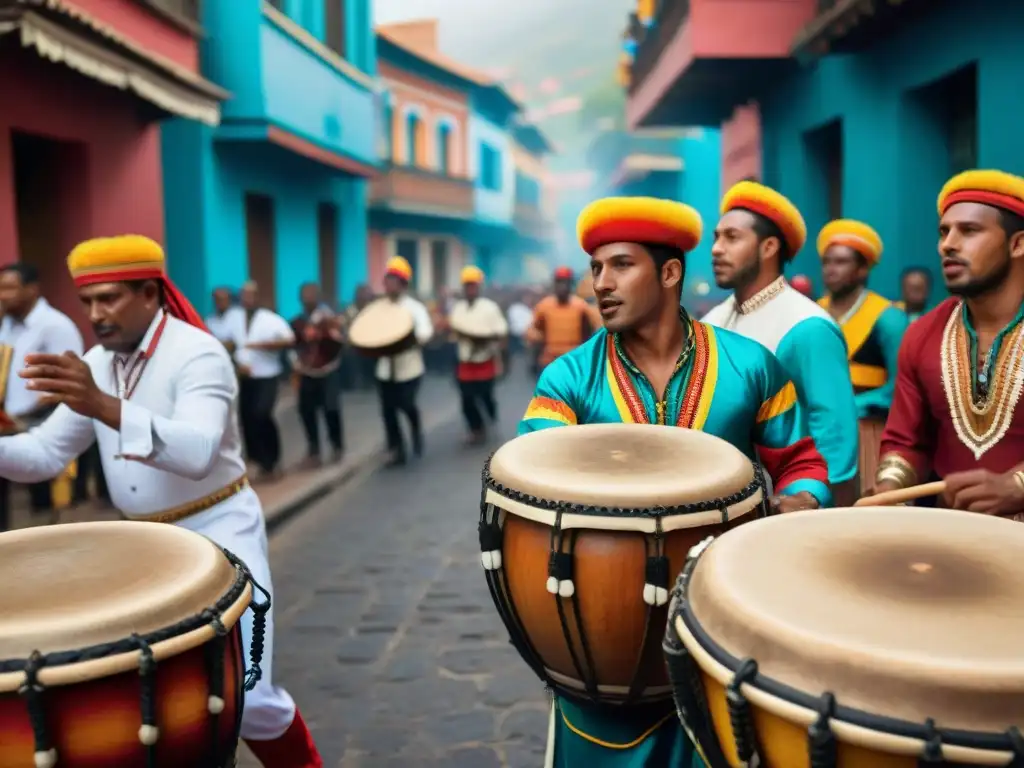 Un grupo de músicos AfroUruguayos tocando tambores Candombe con pasión intensa en desfile callejero