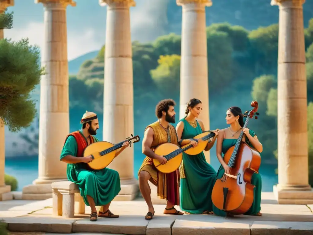 Un grupo de músicos en la antigua Grecia tocando instrumentos rodeados de naturaleza y columnas de mármol, evocando la música en juegos históricos