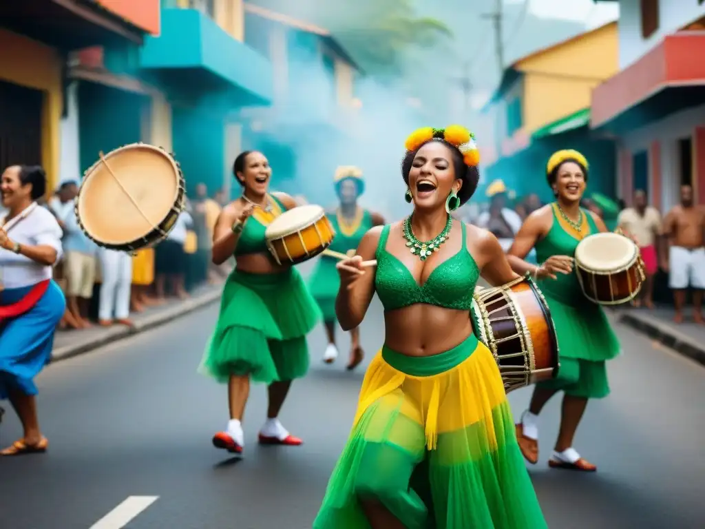 Grupo de músicos tocando instrumentos de samba en una animada roda de samba, reflejando el origen y evolución del Samba en Brasil