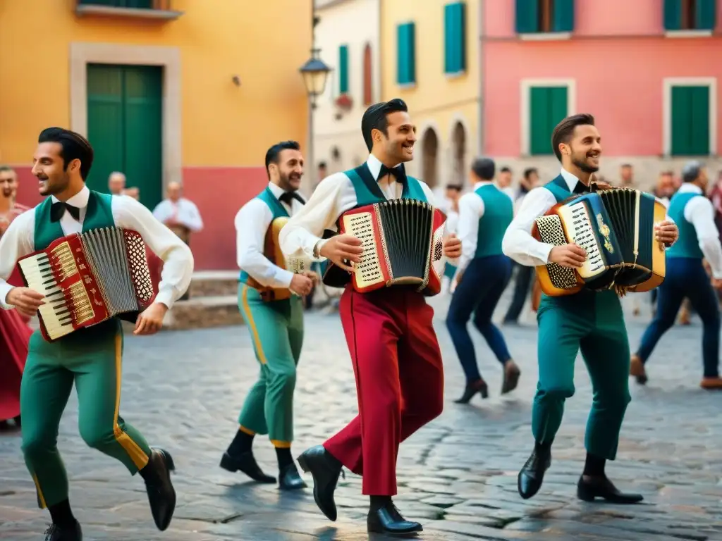 Grupo de músicos italianos tradicionales tocando tambor, acordeón y guitarra en una animada Tarantella