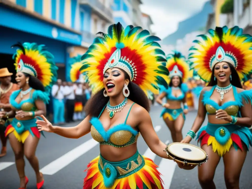 Grupo de músicos de samba tradicional tocando instrumentos vibrantes en desfile de carnaval en Río de Janeiro