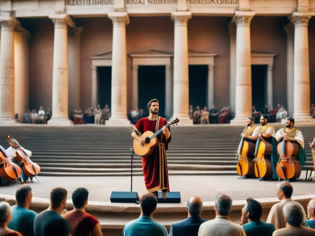 Un grupo de músicos en vestimenta romana tocando instrumentos antiguos en un anfiteatro, rodeados de una audiencia fascinada