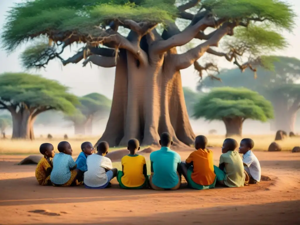 Un grupo de niños juega adivinanzas bajo un baobab en África