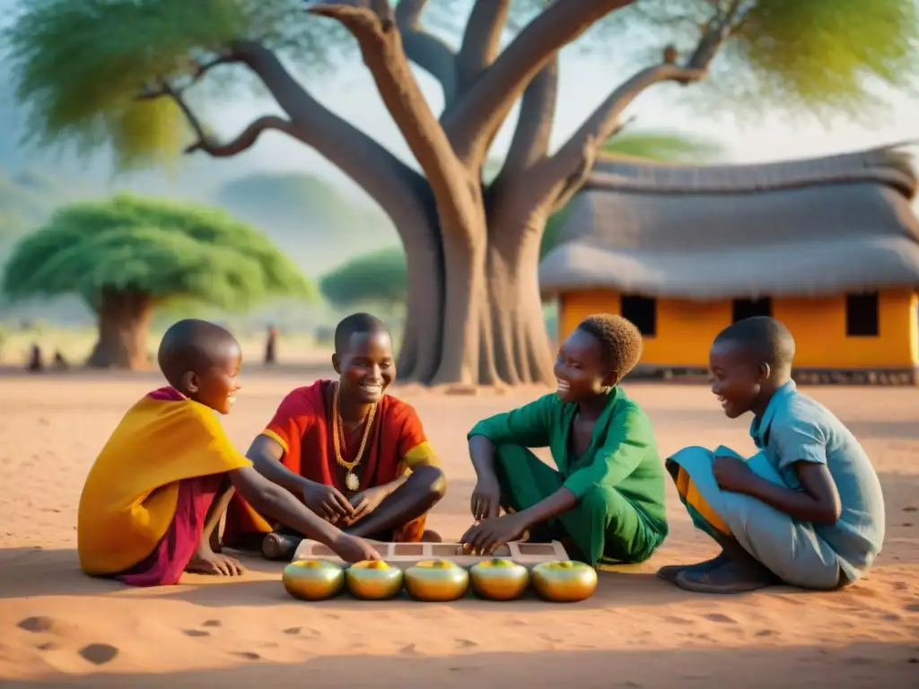 Un grupo de niños juega Mancala africano bajo un baobab en una aldea vibrante al atardecer