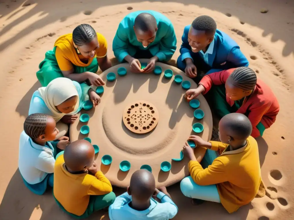 Un grupo de niños juega Mancala africano en círculo, concentración y risas en la escena educativa