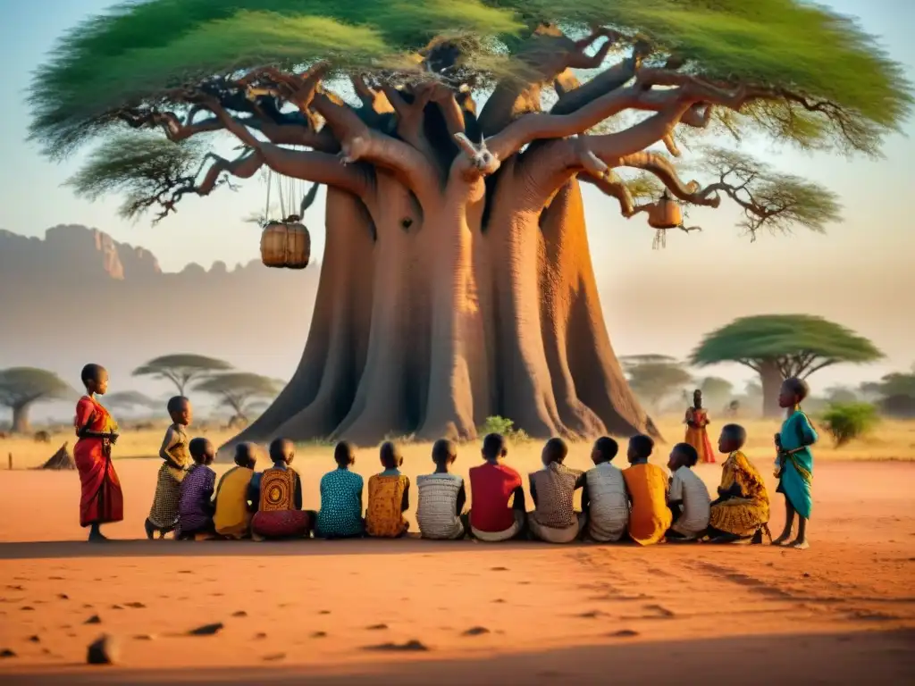 Grupo de niños africanos jugando bajo un baobab, demostrando agilidad y espíritu comunitario