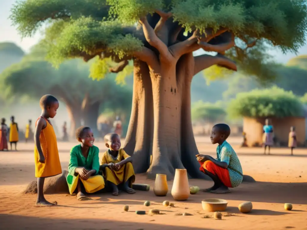 Un grupo de niños africanos juegan bajo un baobab en una aldea vibrante