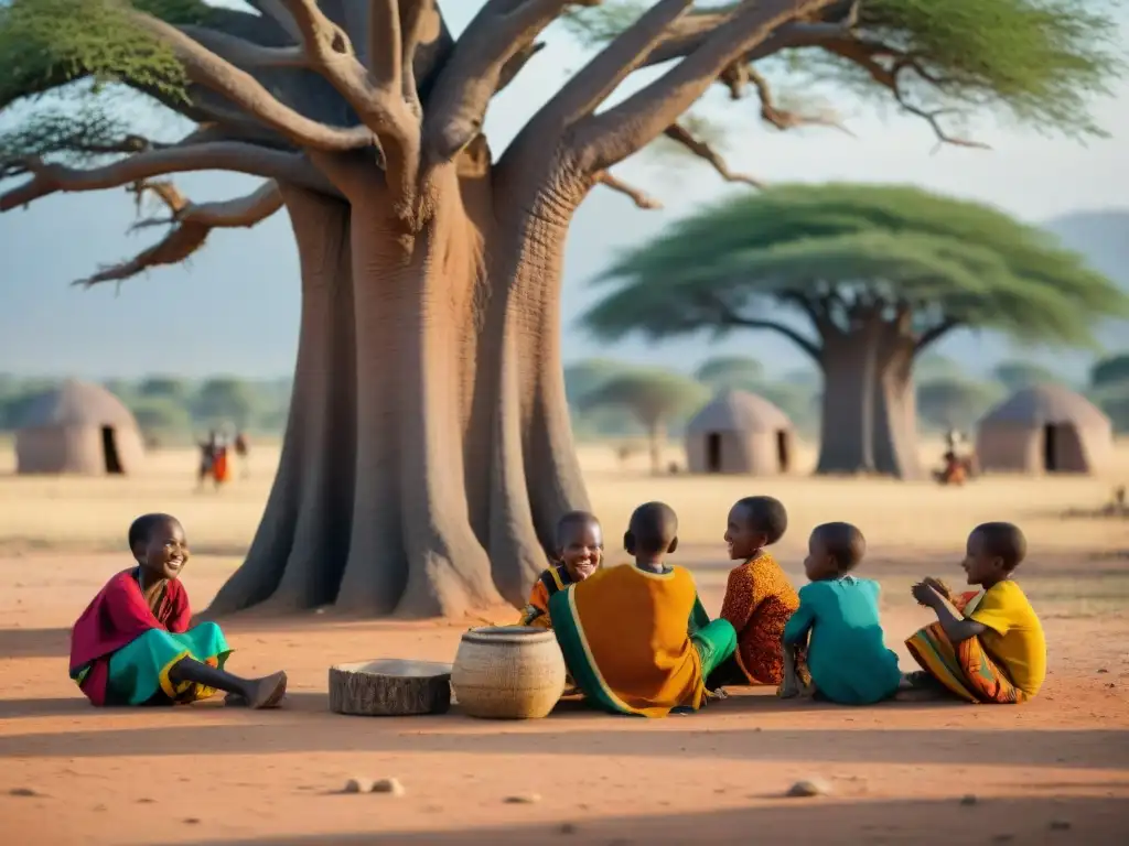 Un grupo de niños africanos juega alegremente bajo un baobab, rodeados de coloridos juegos tradicionales y ropa