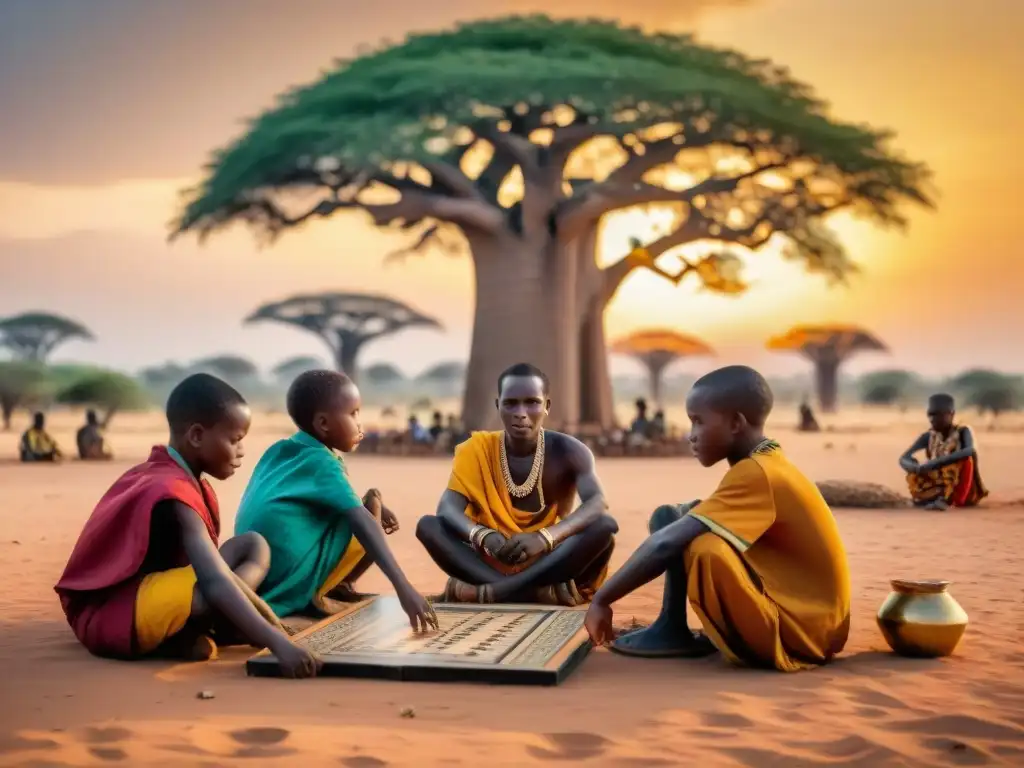 Un grupo de niños africanos juegan concentrados un juego de mesa tradicional bajo el cielo dorado africano, junto a un baobab