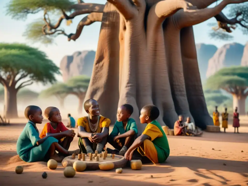 Un grupo de niños africanos juega un juego estratégico bajo un baobab, reflejando desarrollo cognitivo y alegría