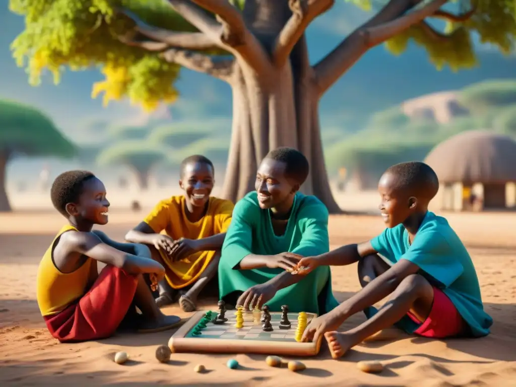 Un grupo de niños africanos juega alegremente un juego de mesa europeo bajo un baobab, rodeados de ropa africana colorida