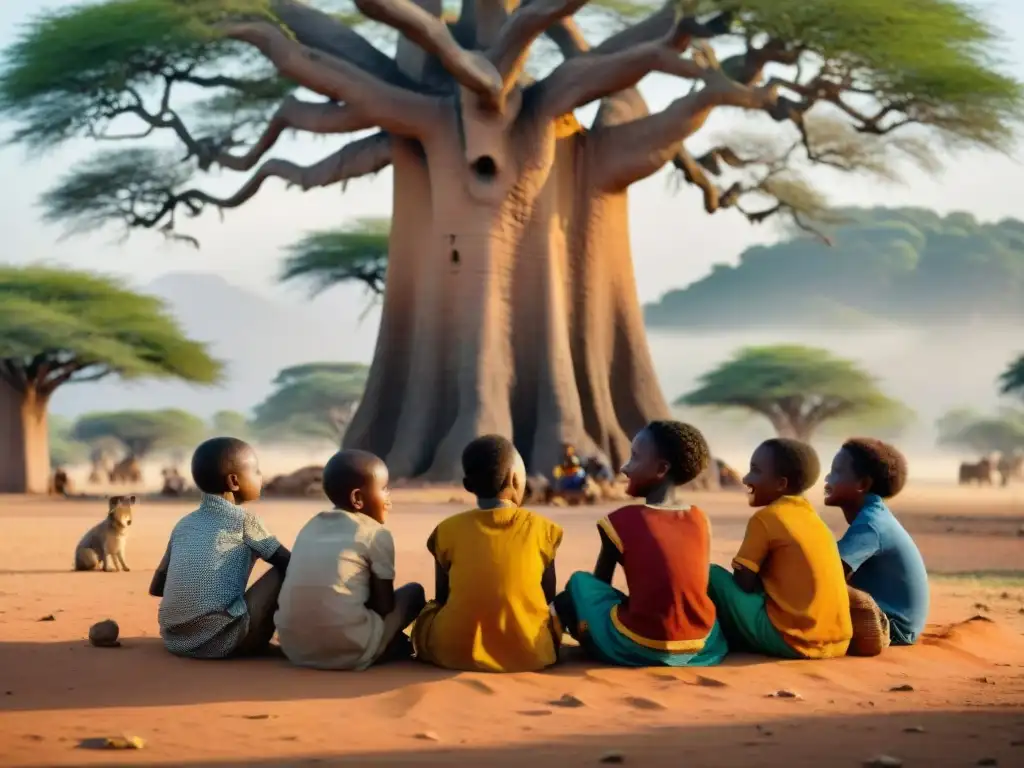 Un grupo de niños africanos se divierten con juegos de palabras bajo un baobab centenario