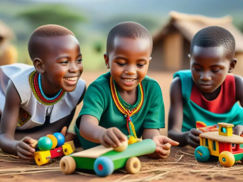 Grupo de niños africanos jugando con juguetes hechos de materiales reciclados, fusionando tradición e innovación