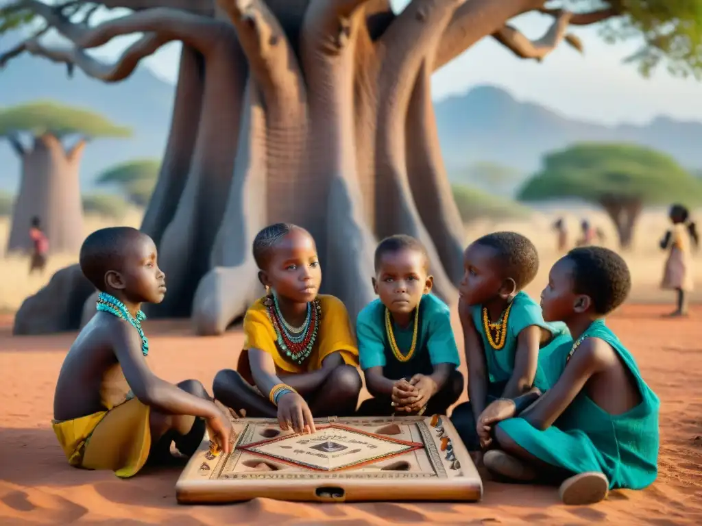 Un grupo de niños africanos juegan un tradicional juego de madera bajo un baobab