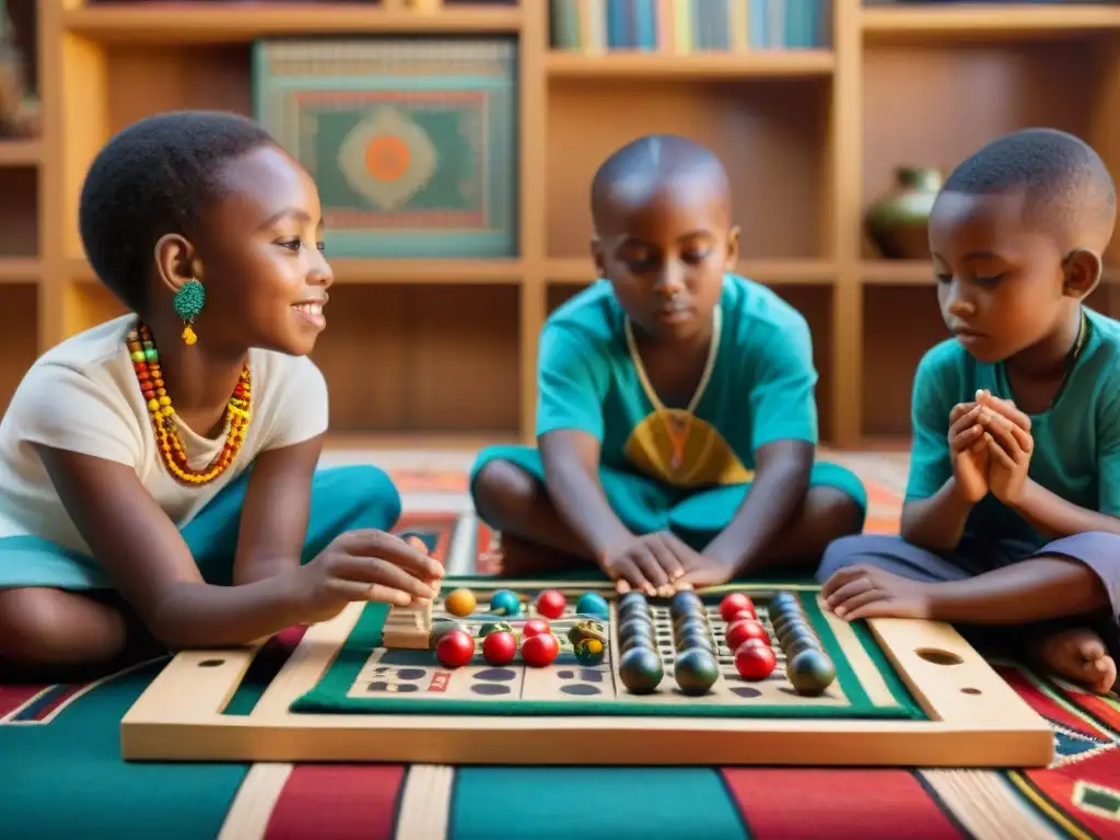 Grupo de niños juegan animados el Juego tradicional Mancala africano en una habitación soleada llena de cultura y aprendizaje