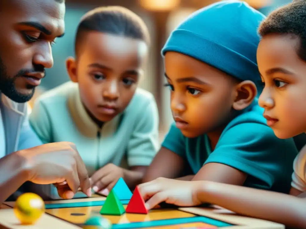 Un grupo de niños diversos concentra su atención en un juego de mesa, mostrando influencia de juegos en el desarrollo del pensamiento crítico