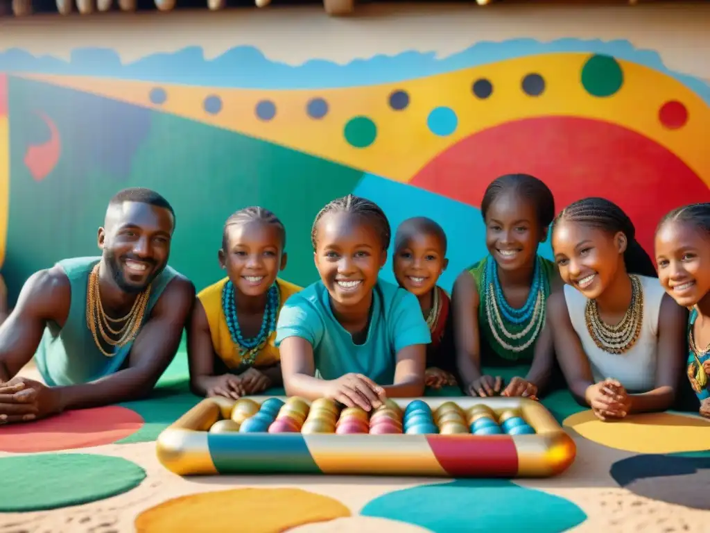 Un grupo de niños en atuendos africanos tradicionales rodea un mural vibrante con símbolos culturales