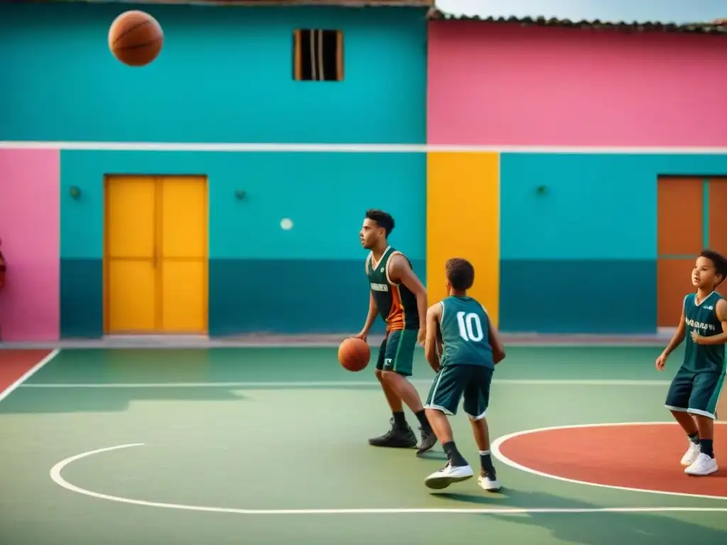 Un grupo de niños juega baloncesto con pasión en una cancha improvisada en un vibrante barrio latinoamericano