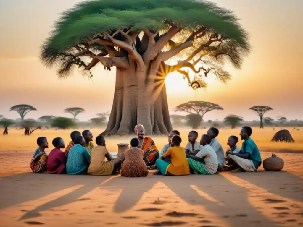 Un grupo de niños juega bajo un baobab en África, vistiendo ropa tradicional y riendo