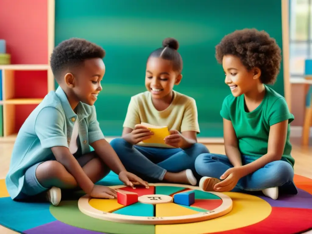 Un grupo de niños diversos juega en círculo en una aula colorida con juegos educativos, fomentando el desarrollo cognitivo temprano