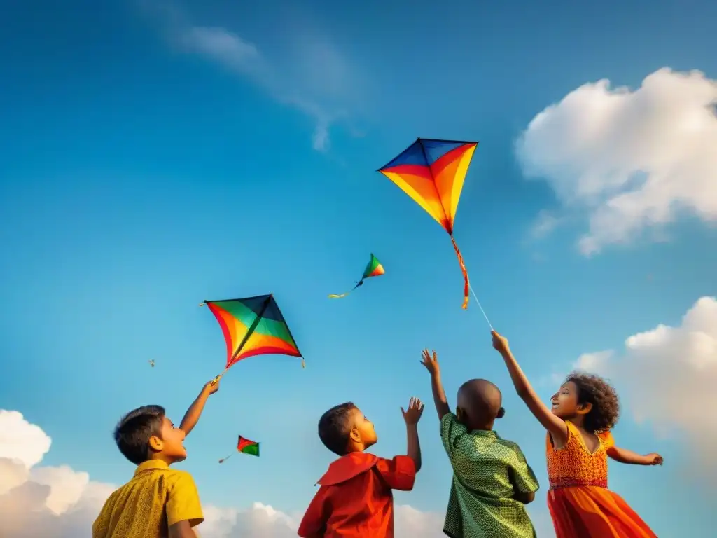 Grupo de niños diversos volando cometas coloridas juntos en el cielo, mostrando la unión y el significado cultural de la cometa