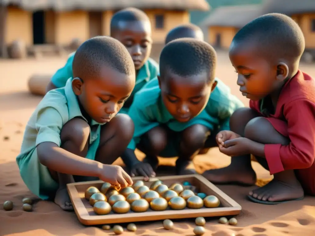 Un grupo de niños juega concentrado al Juego tradicional Mancala africano al atardecer en una aldea rural