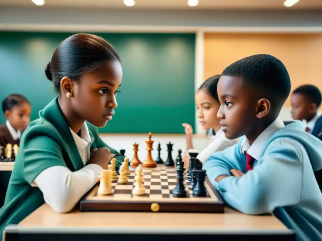 Grupo de niños concentrados jugando ajedrez en aula escolar