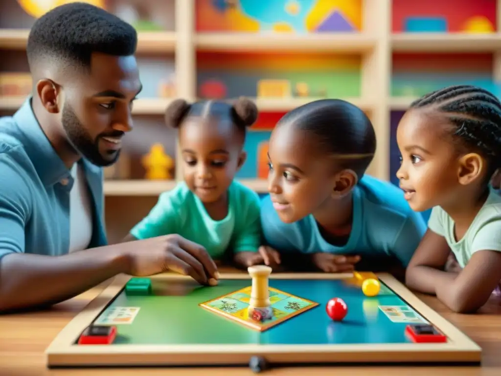 Grupo de niños concentrados y felices jugando a un juego de mesa colorido