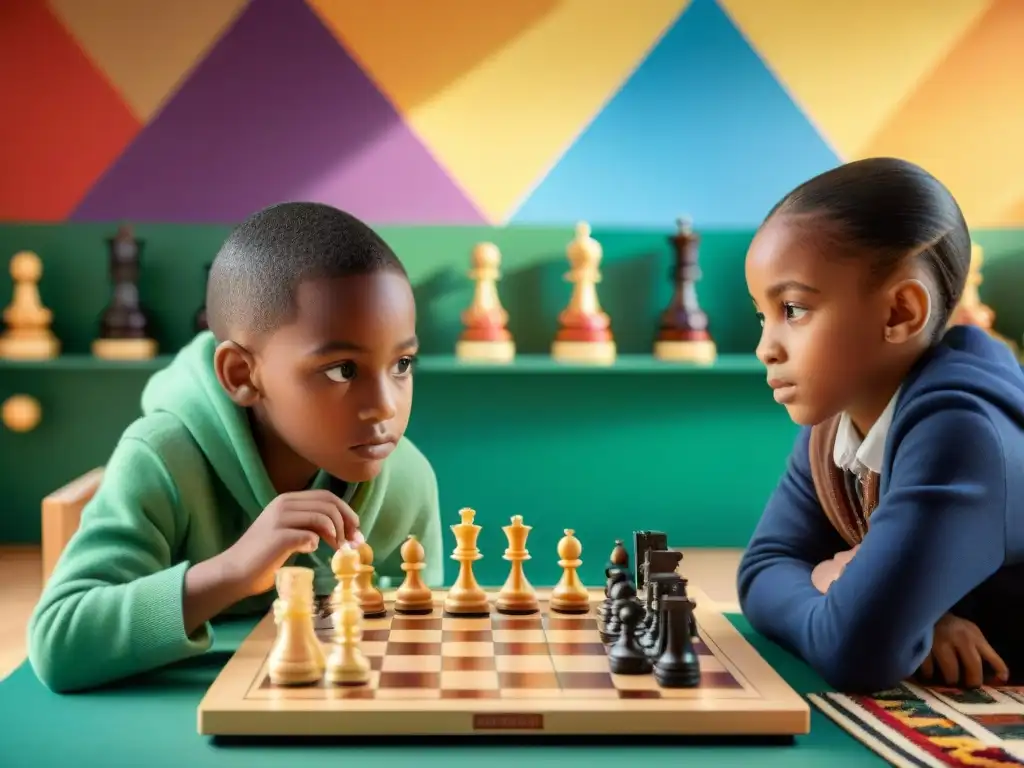 Un grupo de niños concentrados en un tablero de ajedrez, aprendiendo estrategias básicas de ajedrez para niños en un aula soleada y colorida