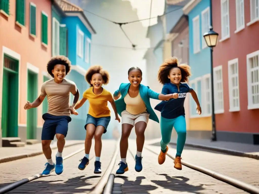 Un grupo de niños diversos saltando la cuerda en la calle, mostrando la historia y evolución del salto de cuerda