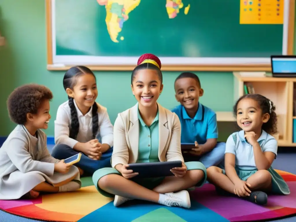 Grupo de niños de diversas culturas juegan en un aula multicultural con tablets y laptops