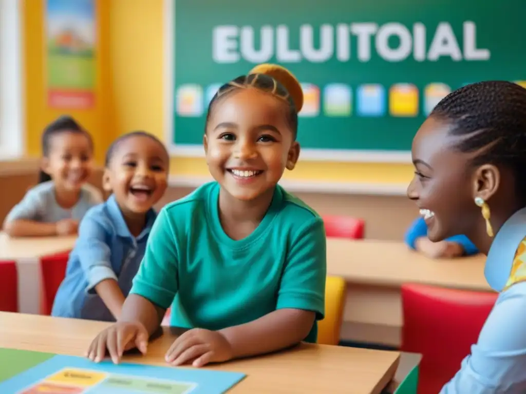 Grupo de niños de diferentes culturas juegan felices en aula multicolor con Juegos educativos multiculturales para niños