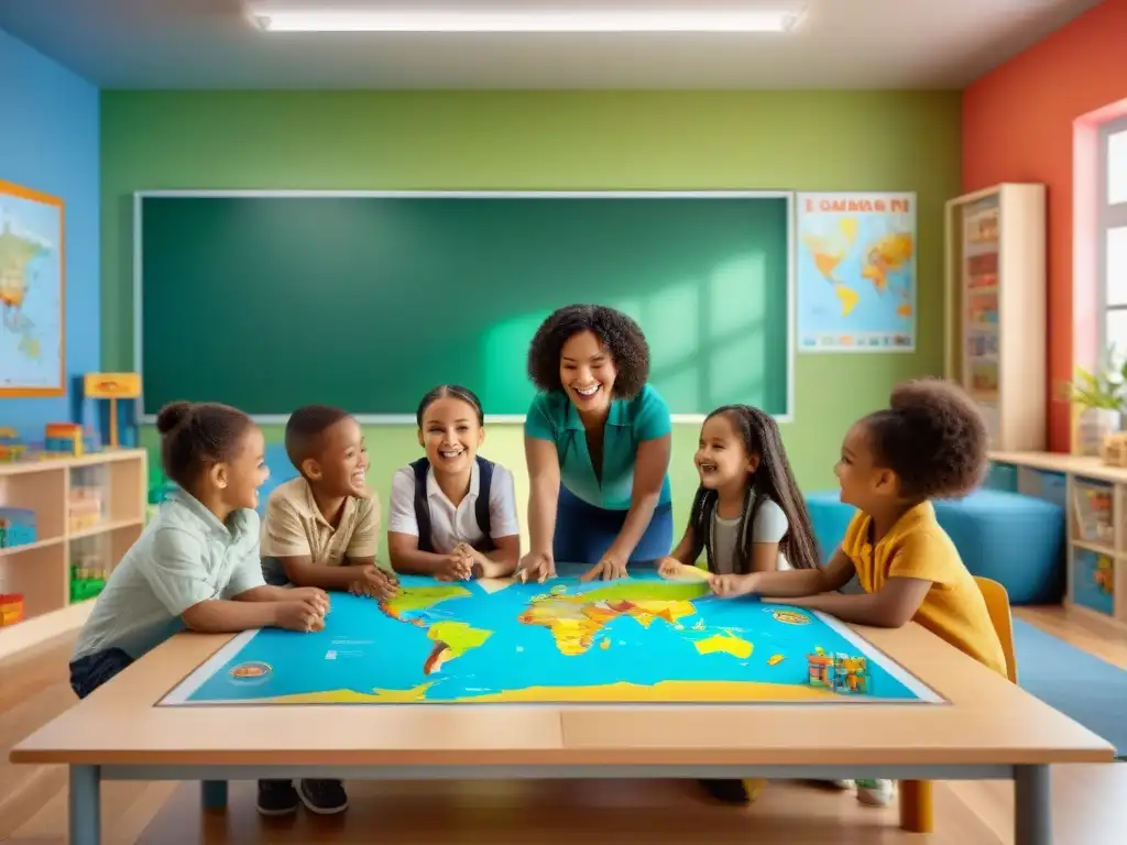 Grupo de niños de distintas culturas jugando felices en un aula colorida con juegos educativos