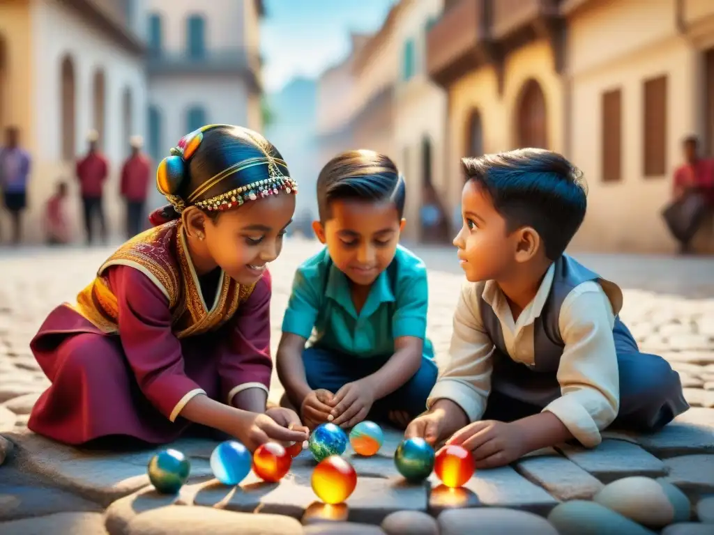 Un grupo de niños de diversas culturas disfrutando de un intenso juego de canicas en una bulliciosa ciudad