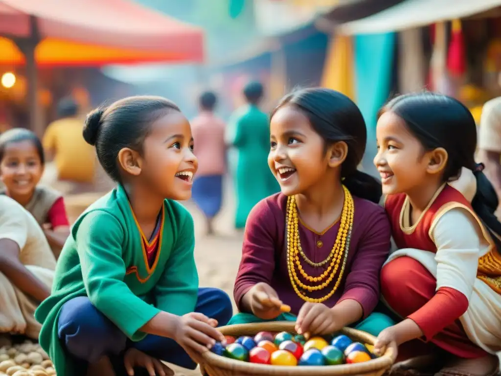 Un grupo de niños de distintas culturas juega alegremente juegos tradicionales en un animado mercado diverso