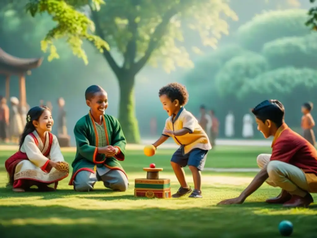Diversión multicultural en el parque: niños juegan y comparten alegría Grupo de niños de diversas culturas jugando juntos en un parque soleado, resaltando la importancia de los valores de los juegos tradicionales