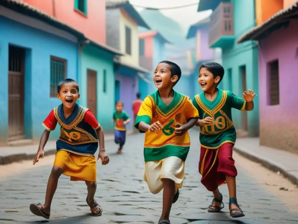 Un grupo de niños de diversas culturas juegan juntos en la calle, mostrando el simbolismo en juegos de calle y la diversidad cultural