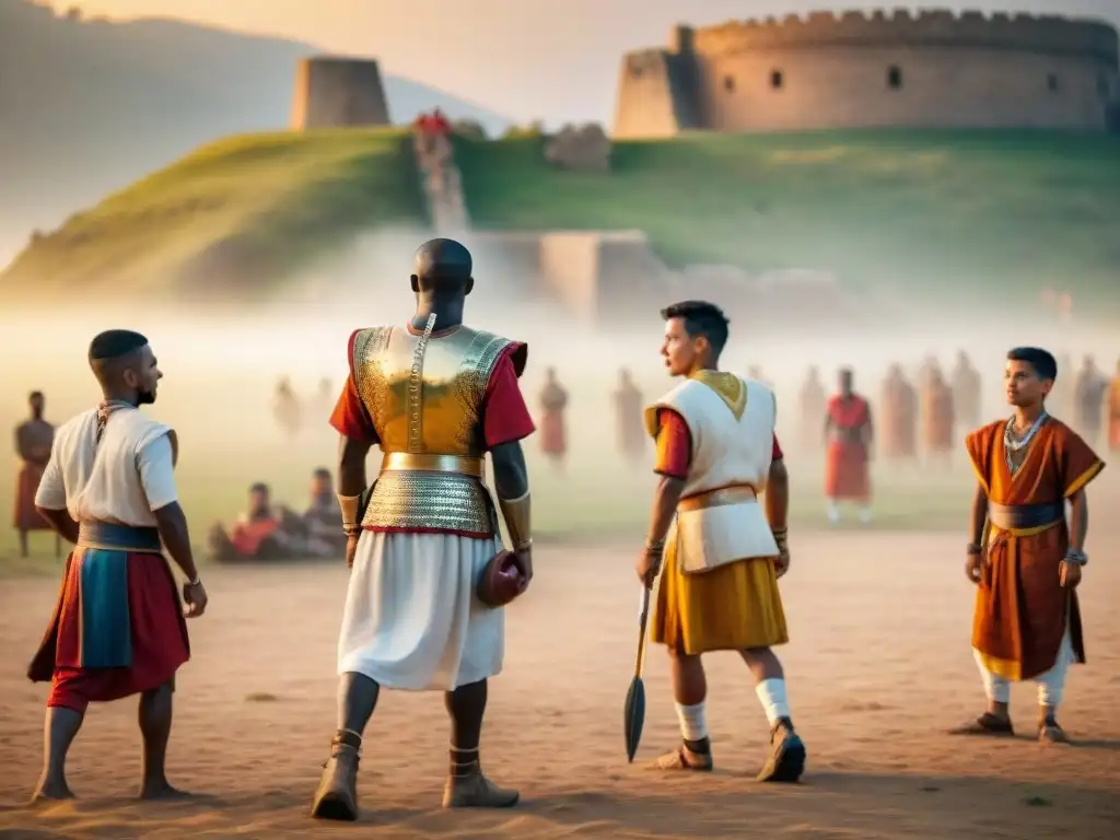 Grupo de niños de diversas culturas milenarias jugando en un campo al atardecer, resaltando la riqueza cultural