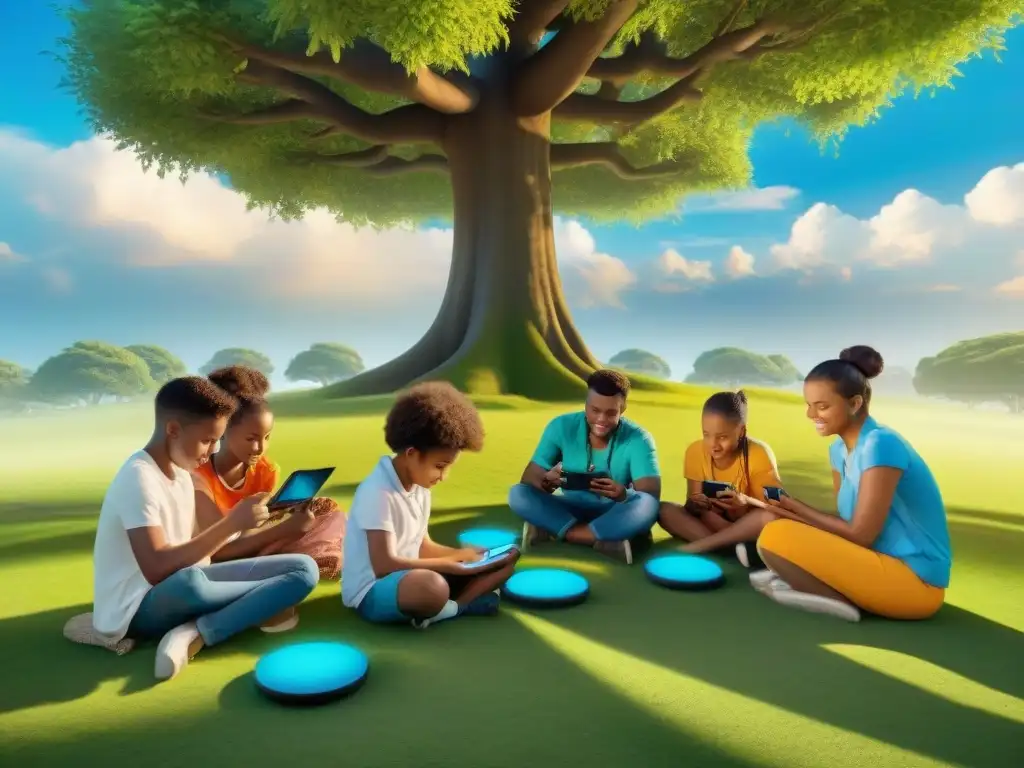 Un grupo de niños diversos disfruta de juegos móviles educativos innovadores bajo un árbol