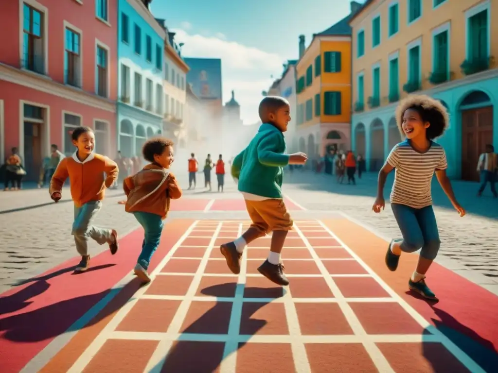 Un grupo de niños diversos disfruta de juegos tradicionales en la plaza de la ciudad, mostrando la alegría y la unión en comunidad