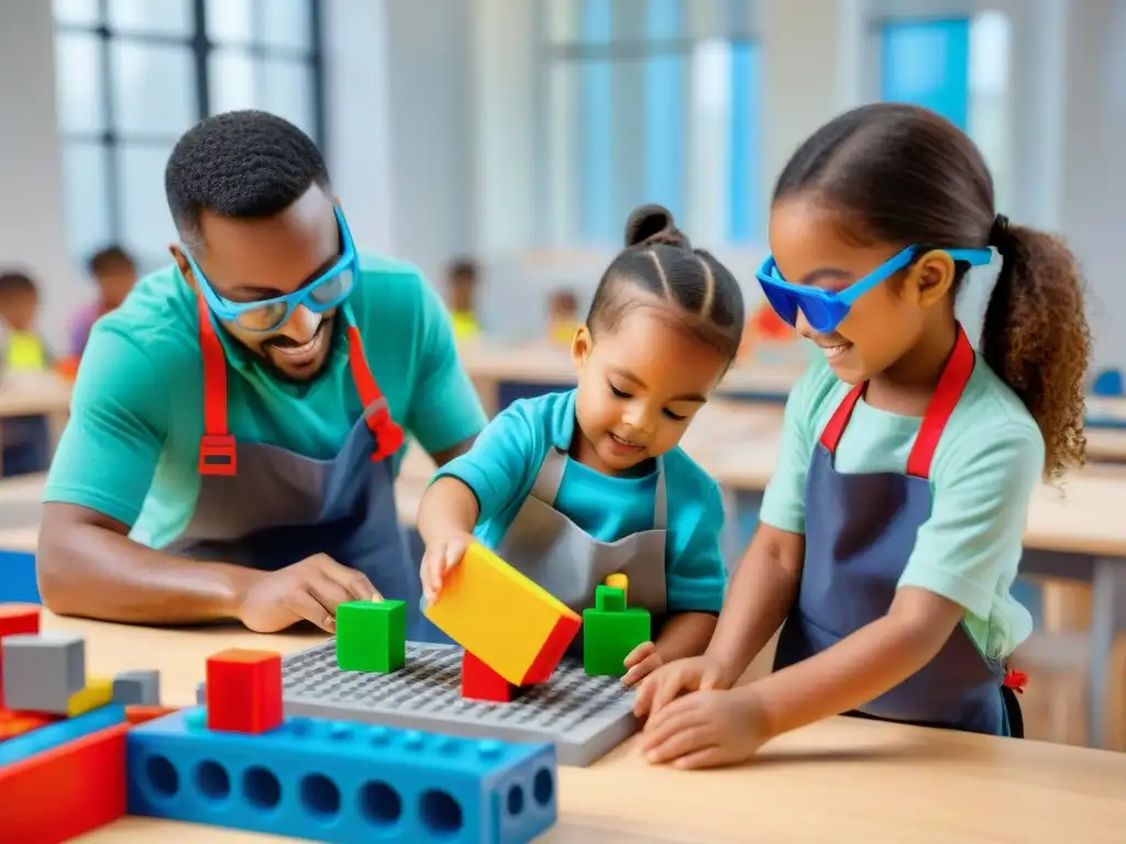 Grupo de niños diversos, de 5 a 7 años, trabajando juntos con entusiasmo en juegos de construcción