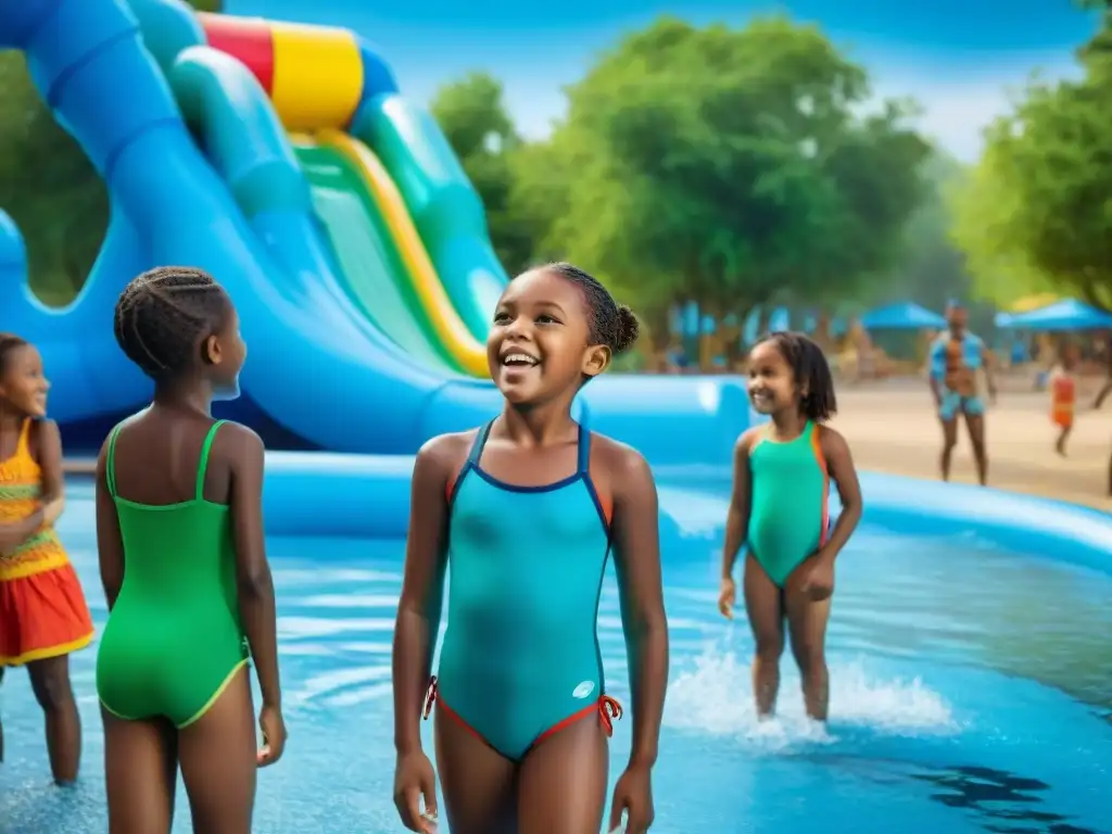 Un grupo de niños diversos se divierte y aprende con juegos de agua educativos en un parque acuático